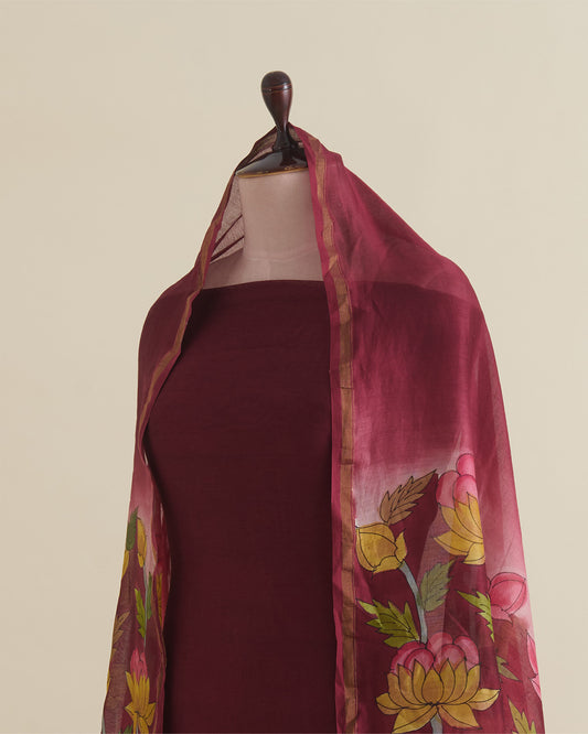 Maroon Beige Munga Tussar Printed Kurta Suit with Hand Printed Dupatta