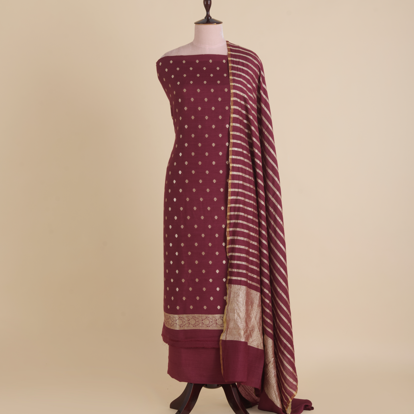 Maroon Muga Tussar Woven Butti Kurta Set with Striped Dupatta