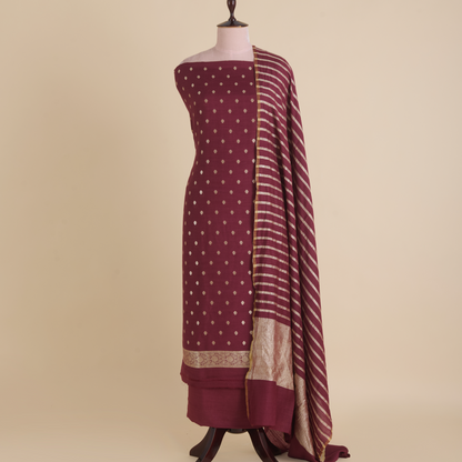 Maroon Muga Tussar Woven Butti Kurta Set with Striped Dupatta
