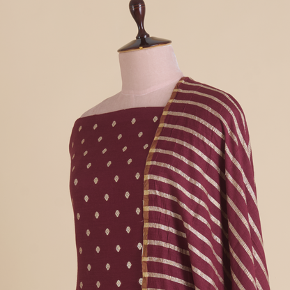 Maroon Muga Tussar Woven Butti Kurta Set with Striped Dupatta