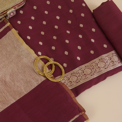 Maroon Muga Tussar Woven Butti Kurta Set with Striped Dupatta