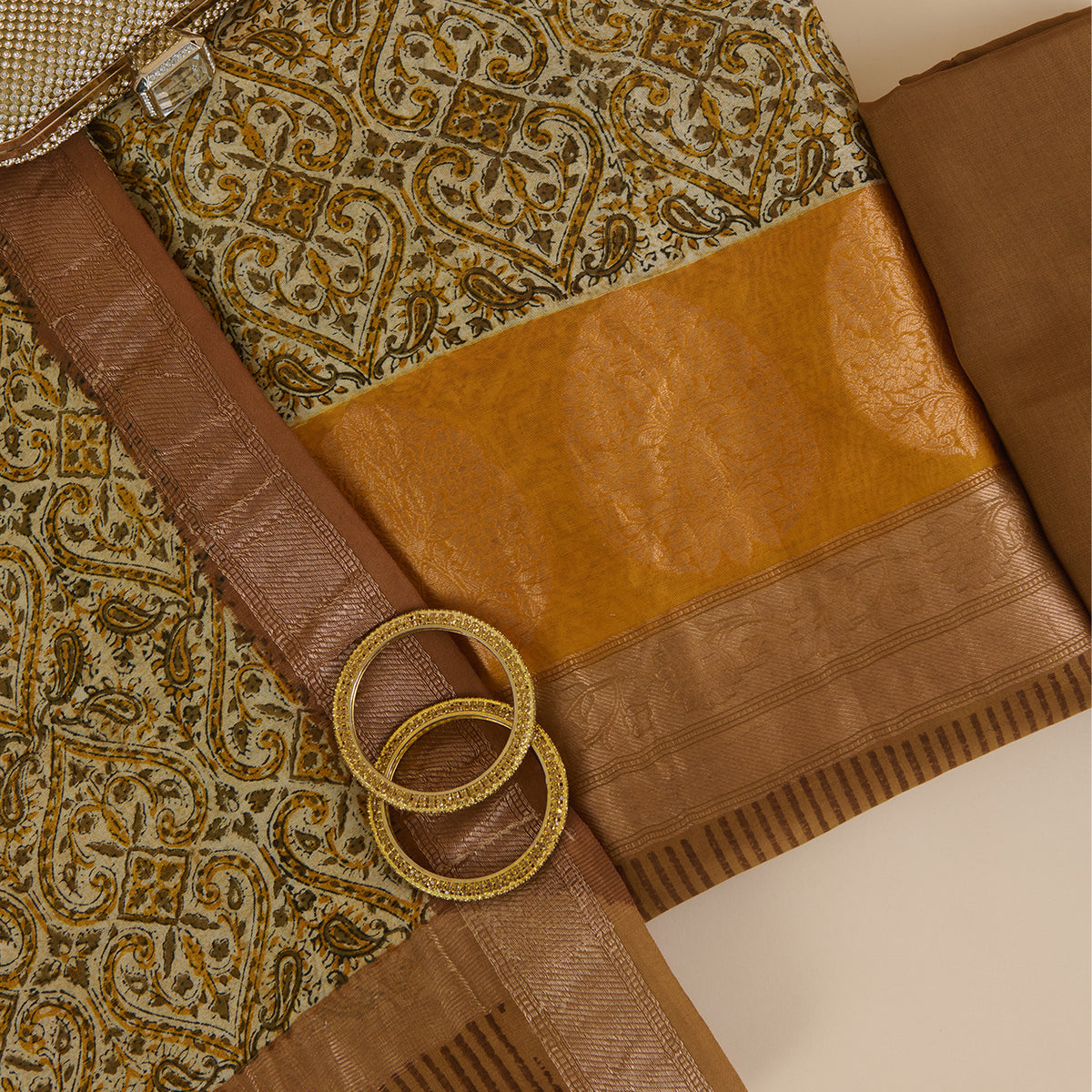 Mustard Maheshwari Printed Kurta with Woven Border & Dupatta