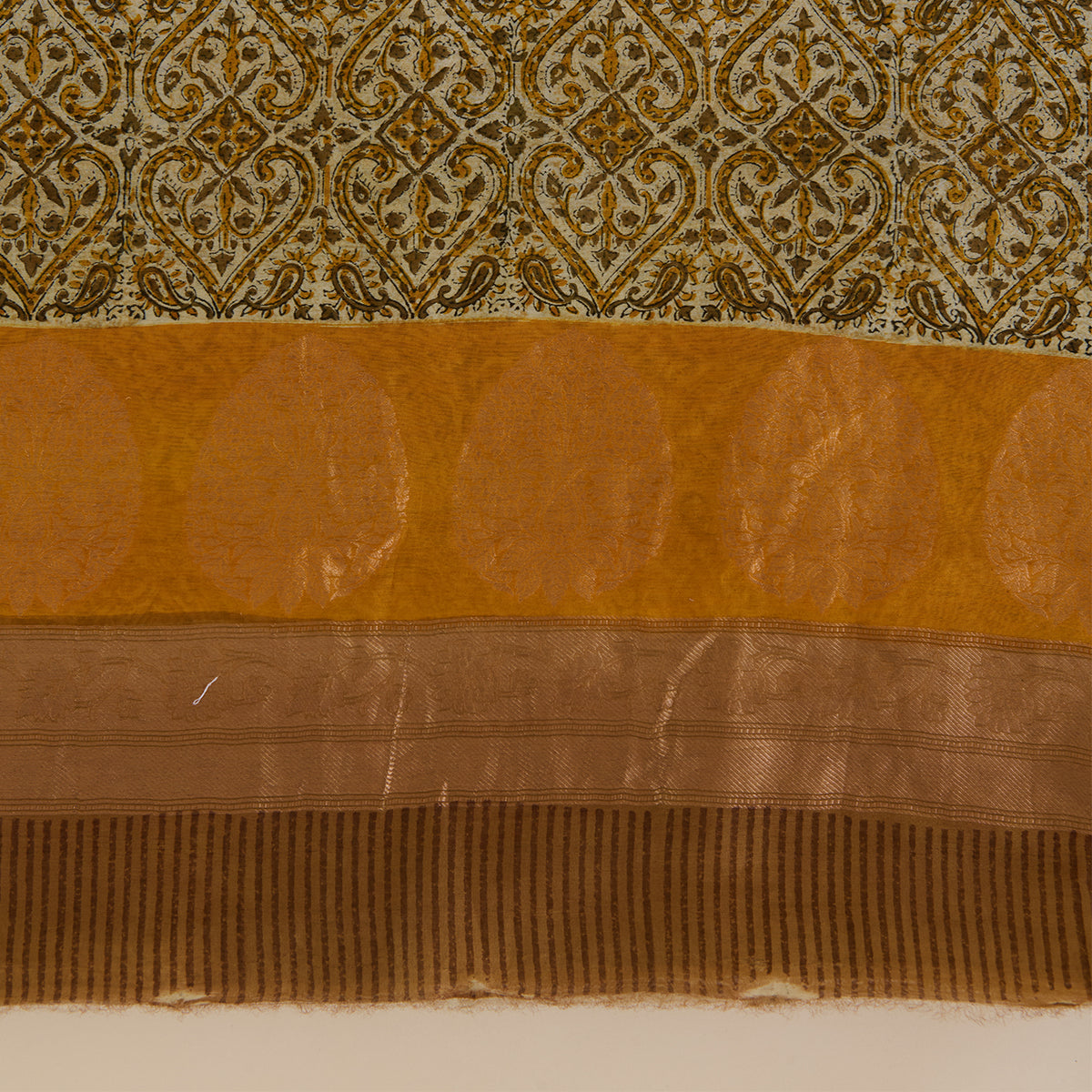 Mustard Maheshwari Printed Kurta with Woven Border & Dupatta