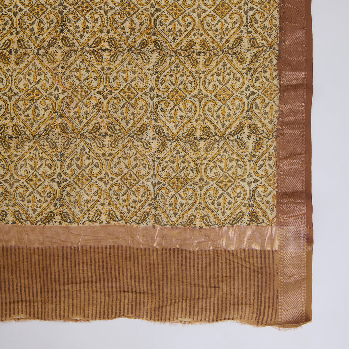 Mustard Maheshwari Printed Kurta with Woven Border & Dupatta