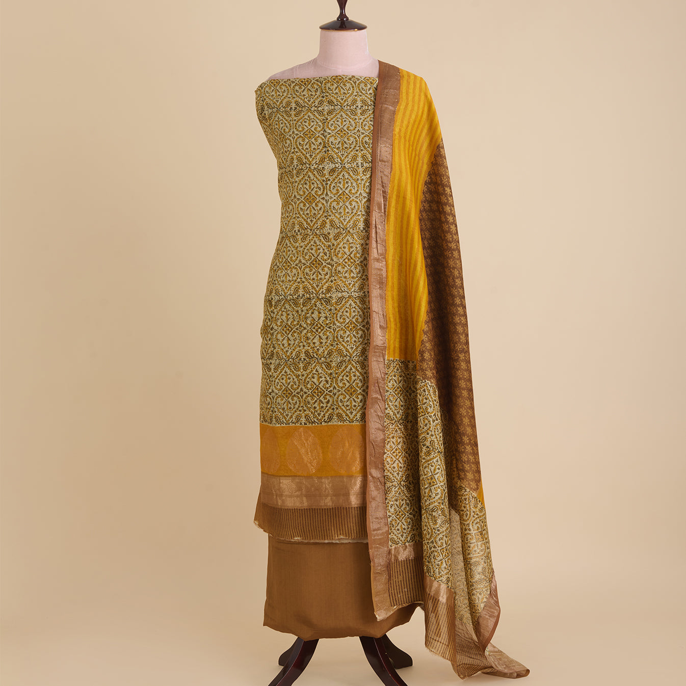 Mustard Maheshwari Printed Kurta with Woven Border & Dupatta