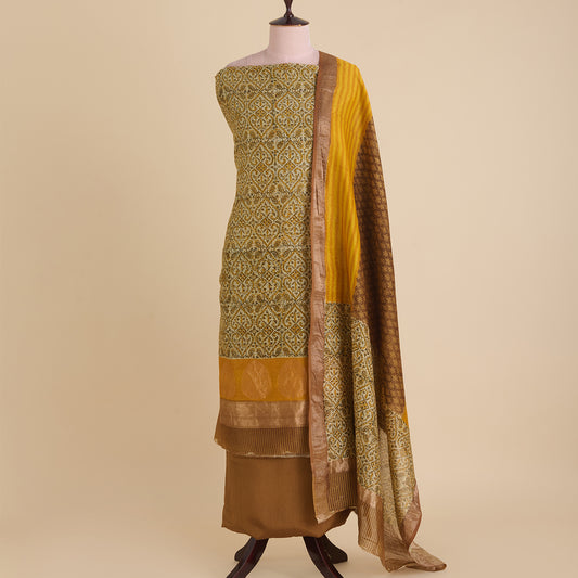 Mustard Maheshwari Printed Kurta with Woven Border & Dupatta