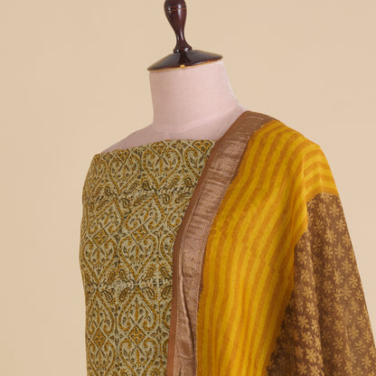 Mustard Maheshwari Printed Kurta with Woven Border & Dupatta