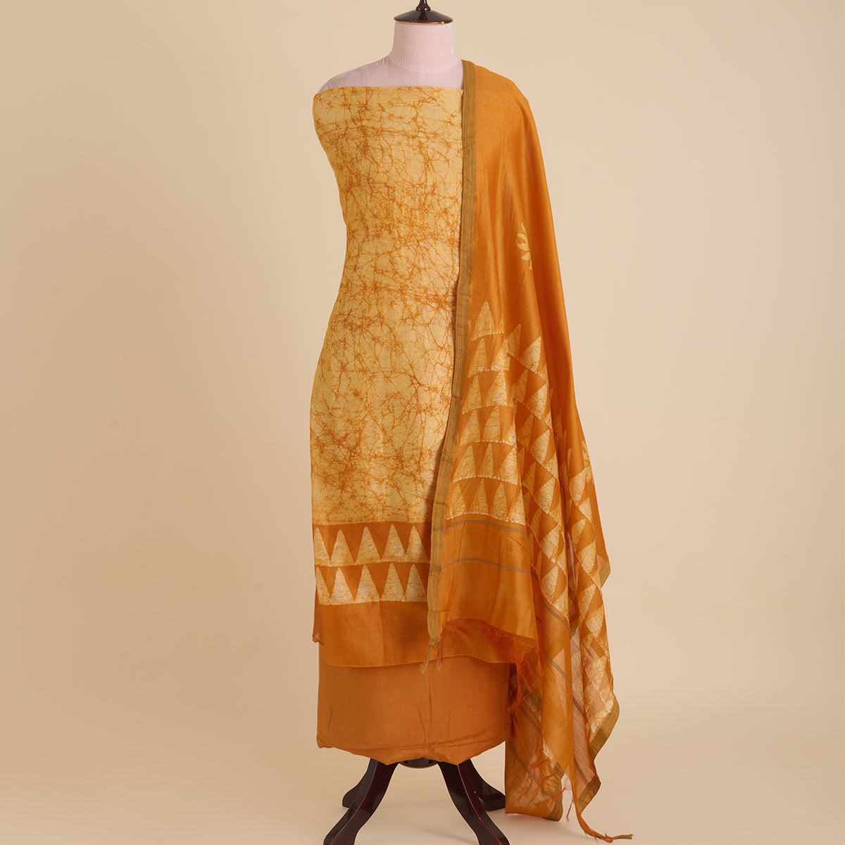 Mustard Maheshwari Batik Printed Kurta with Dupatta