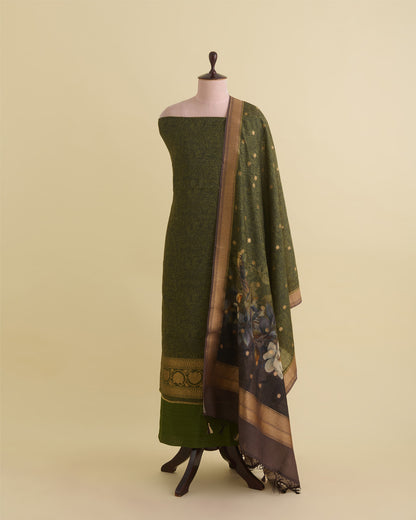 Mehendi Green Munga Tussar Printed Kurta Set with Woven Border & Dupatta