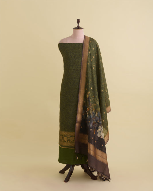 Mehendi Green Munga Tussar Printed Kurta Set with Woven Border & Dupatta
