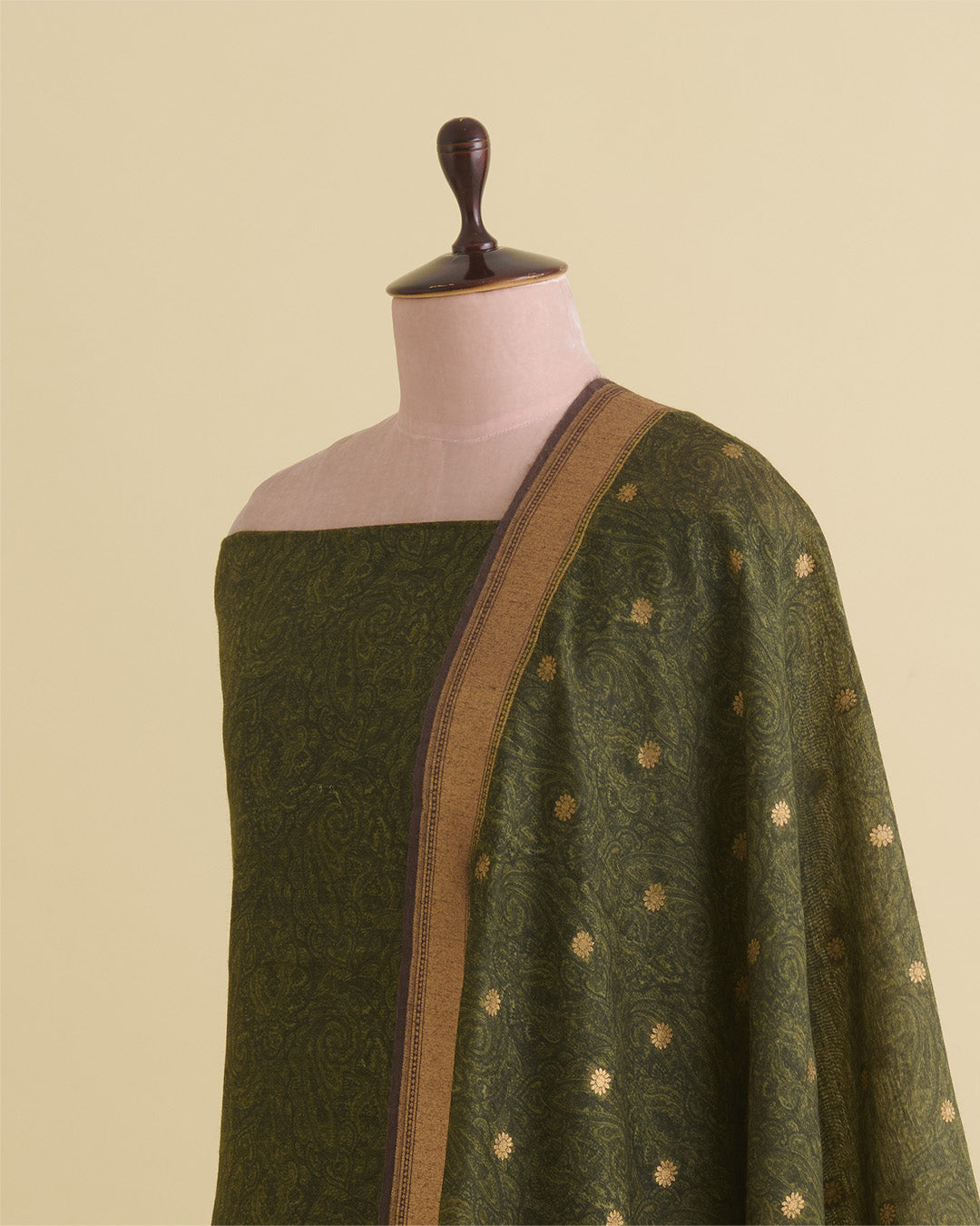 Mehendi Green Munga Tussar Printed Kurta Set with Woven Border & Dupatta