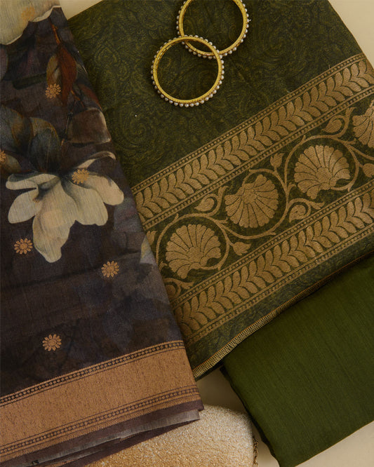 Mehendi Green Munga Tussar Printed Kurta Set with Woven Border & Dupatta