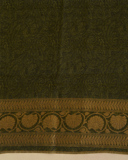 Mehendi Green Munga Tussar Printed Kurta Set with Woven Border & Dupatta