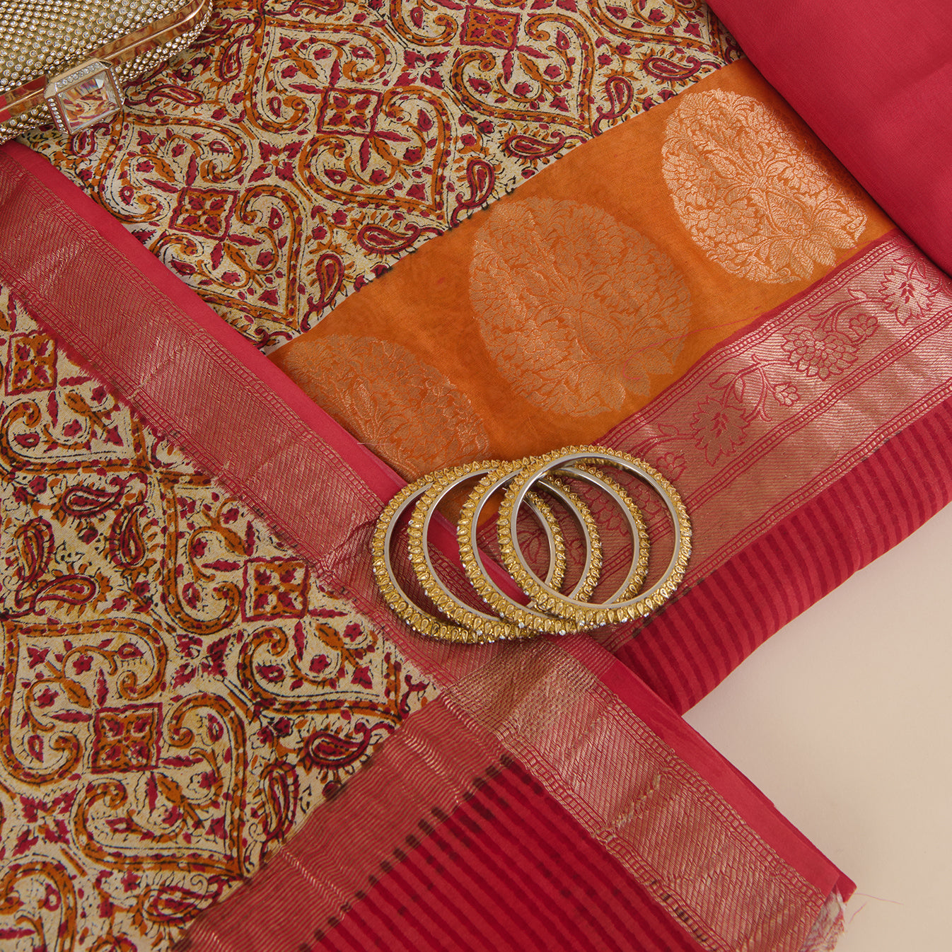 Orange Maheshwari Printed Kurta with Woven Border & Dupatta