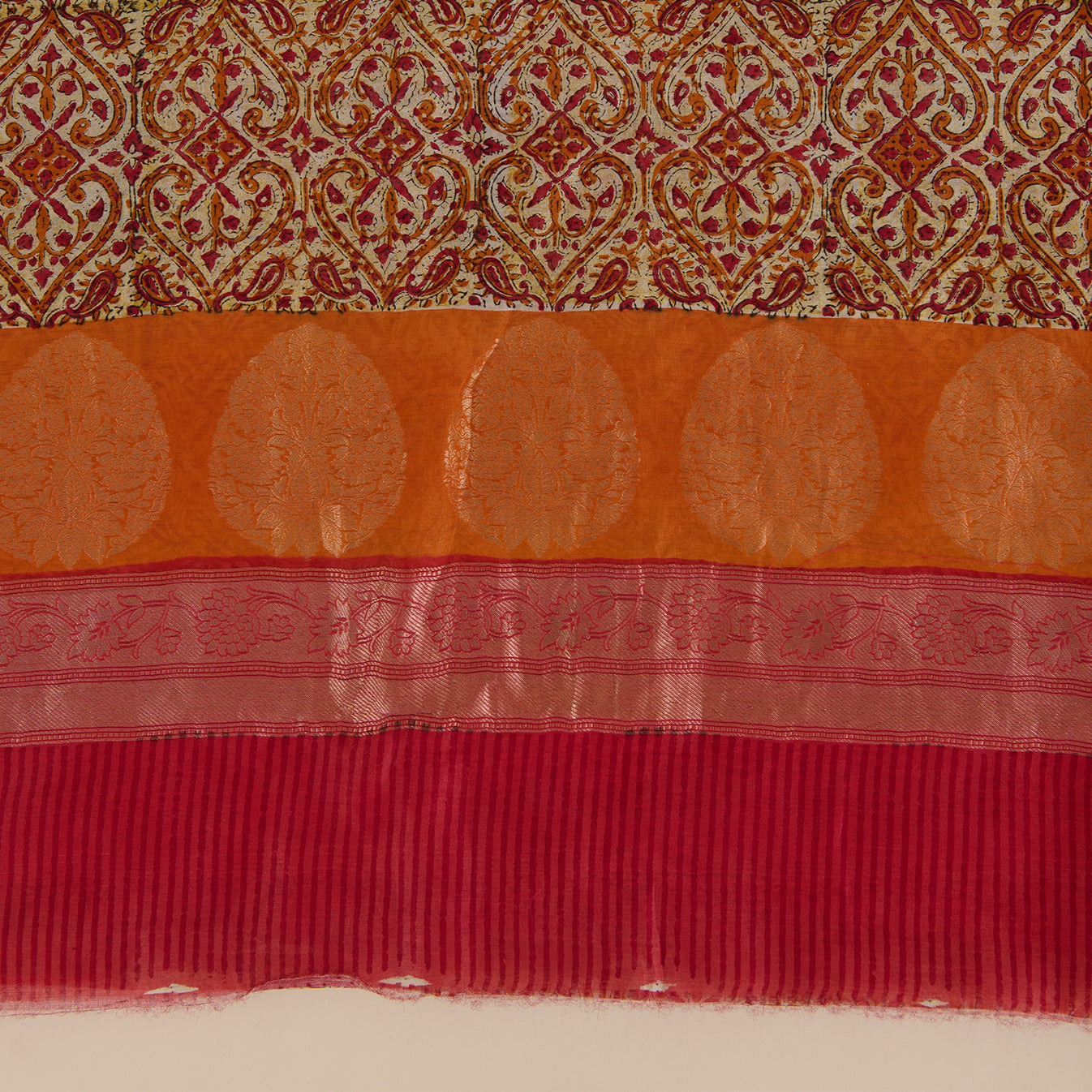 Orange Maheshwari Printed Kurta with Woven Border & Dupatta