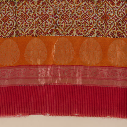 Orange Maheshwari Printed Kurta with Woven Border & Dupatta
