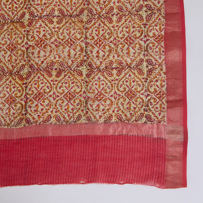 Orange Maheshwari Printed Kurta with Woven Border & Dupatta