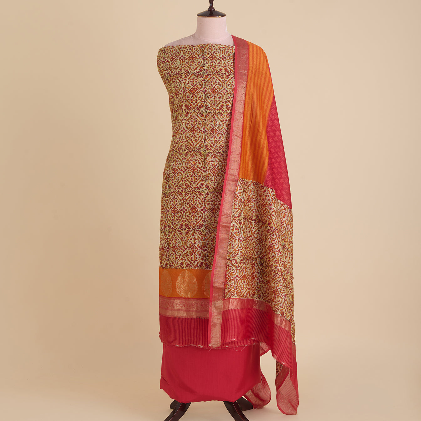Orange Maheshwari Printed Kurta with Woven Border & Dupatta