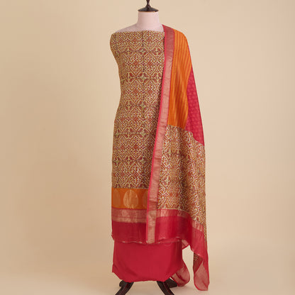 Orange Maheshwari Printed Kurta with Woven Border & Dupatta