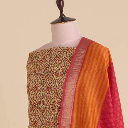 Orange Maheshwari Printed Kurta with Woven Border & Dupatta