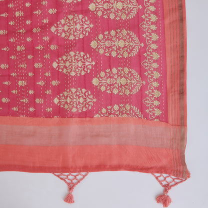 Pink Maheshwari Printed Kurta with Katha Stitch Embroidered Daman