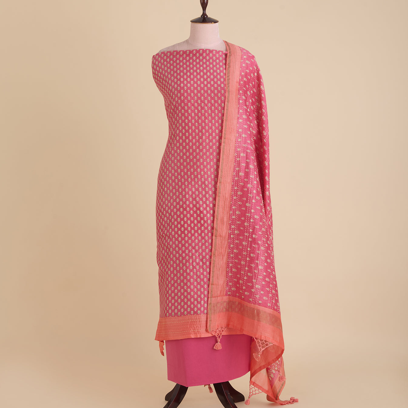 Pink Maheshwari Printed Kurta with Katha Stitch Embroidered Daman