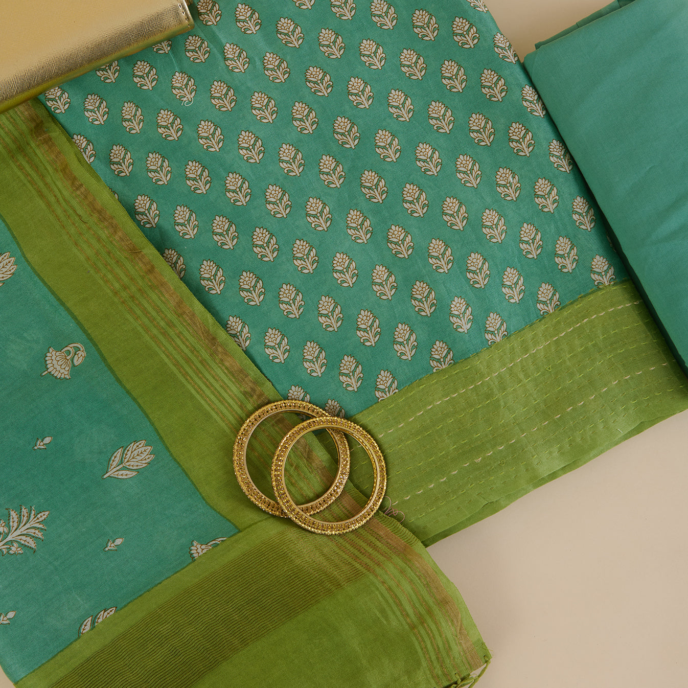 Pista Green Maheshwari Printed Kurta with Katha Stitch Daman