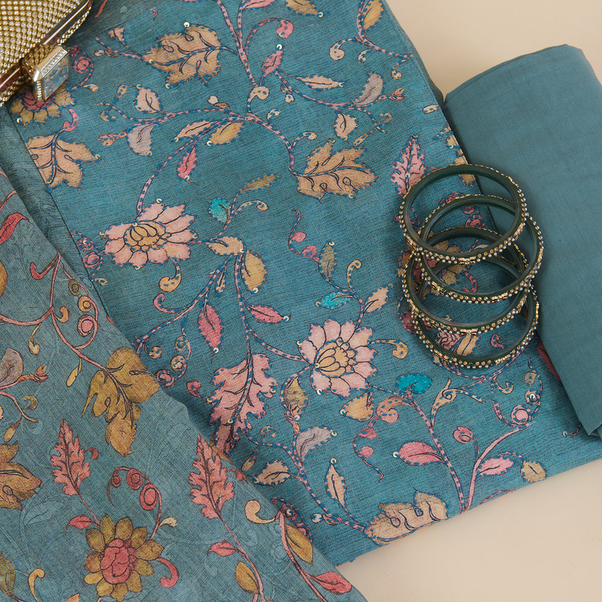 Petrol Blue Muslin Printed Kantha & Sequin Kurta Set