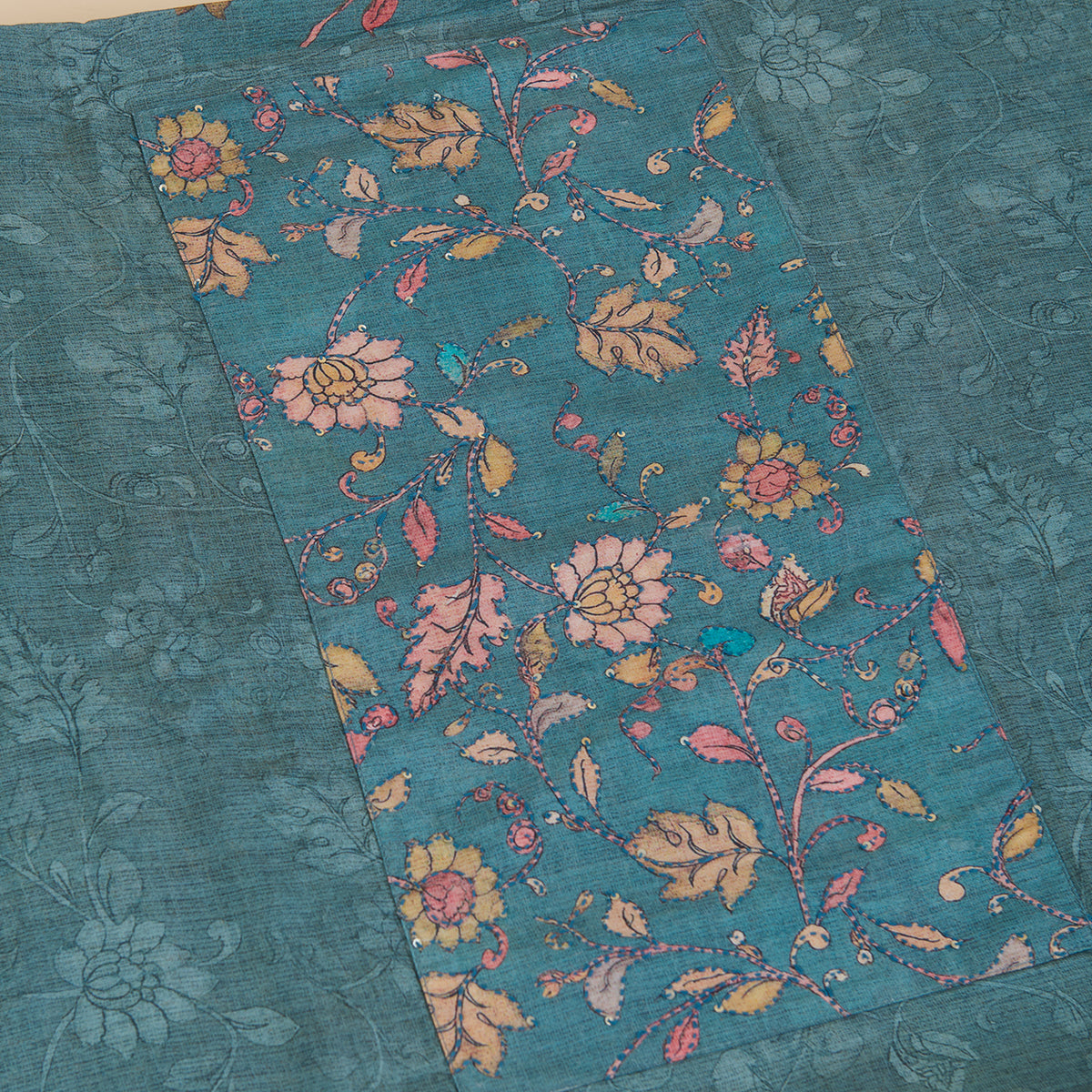 Petrol Blue Muslin Printed Kantha & Sequin Kurta Set