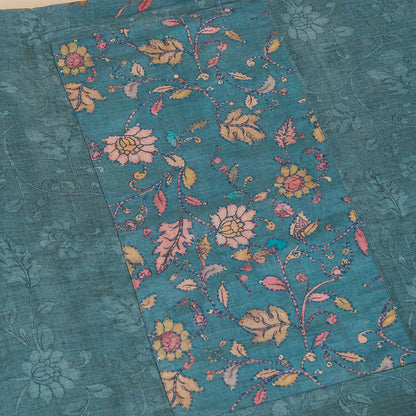 Petrol Blue Muslin Printed Kantha & Sequin Kurta Set