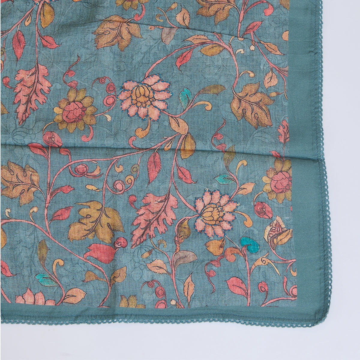Petrol Blue Muslin Printed Kantha & Sequin Kurta Set