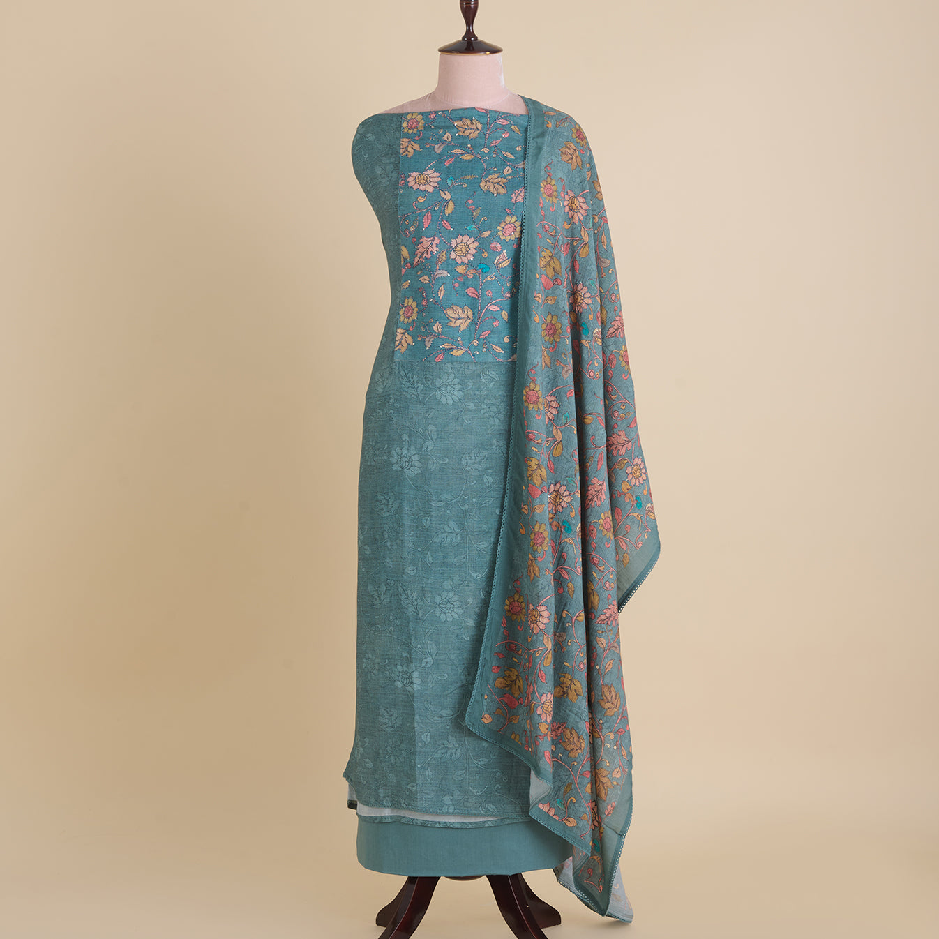 Petrol Blue Muslin Printed Kantha & Sequin Kurta Set