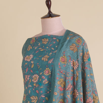 Petrol Blue Muslin Printed Kantha & Sequin Kurta Set