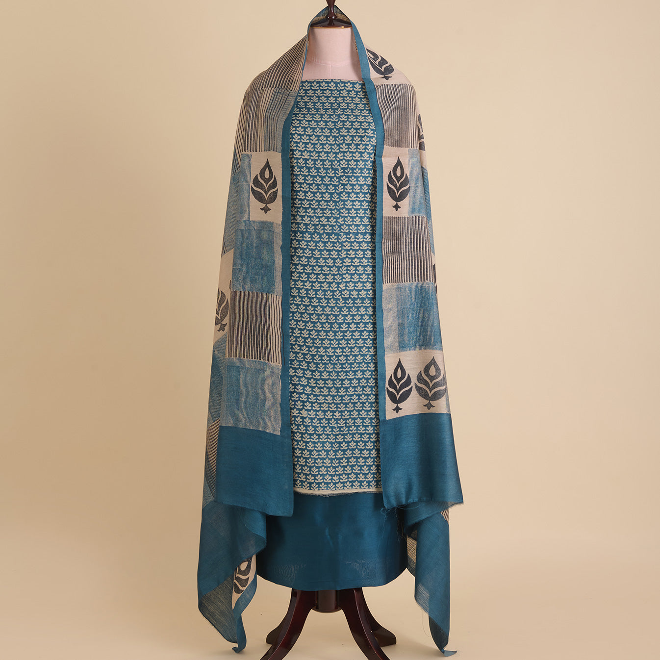 Petrol Blue Muga Silk Printed Kurta Set with Dupatta