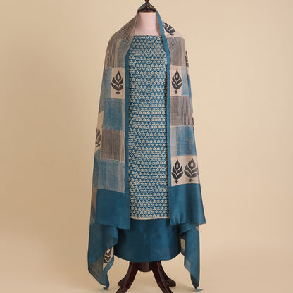 Petrol Blue Muga Silk Printed Kurta Set with Dupatta