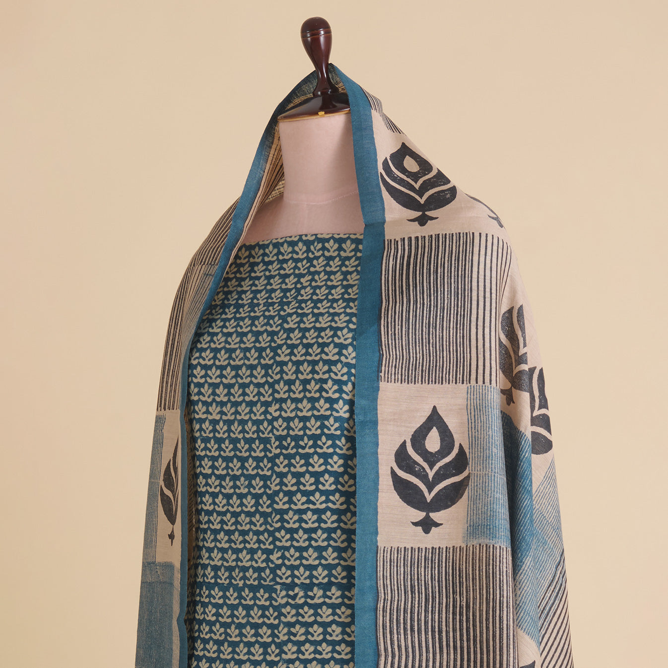 Petrol Blue Muga Silk Printed Kurta Set with Dupatta