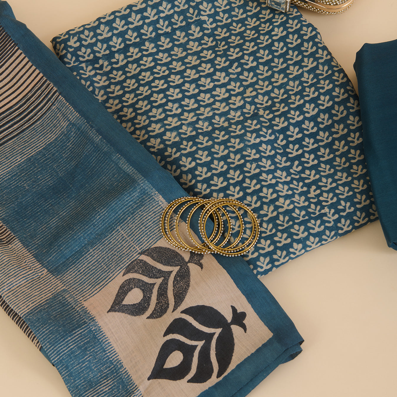 Petrol Blue Muga Silk Printed Kurta Set with Dupatta