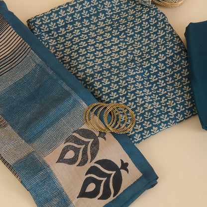 Petrol Blue Muga Silk Printed Kurta Set with Dupatta