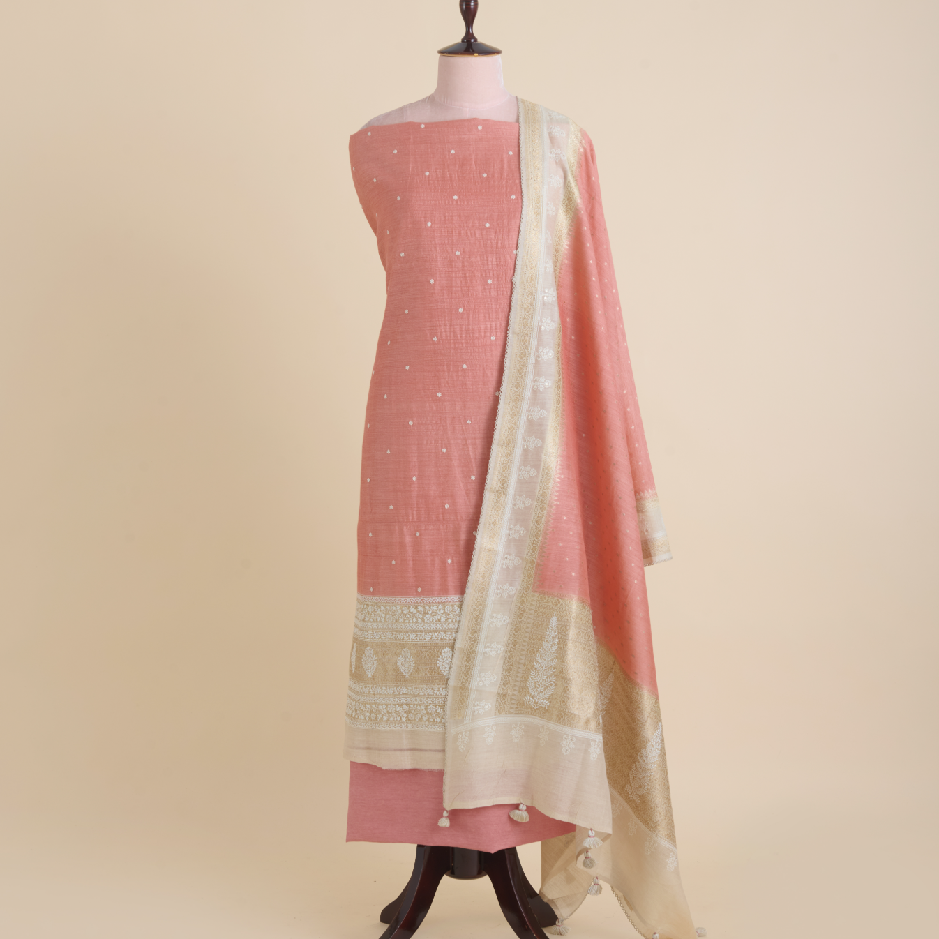Peach Muga Silk Embroidered Kurta Set with Dupatta