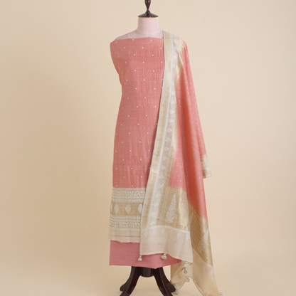 Peach Muga Silk Embroidered Kurta Set with Dupatta