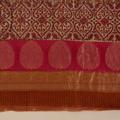 Pink Maheshwari Printed Kurta with Woven Border & Dupatta
