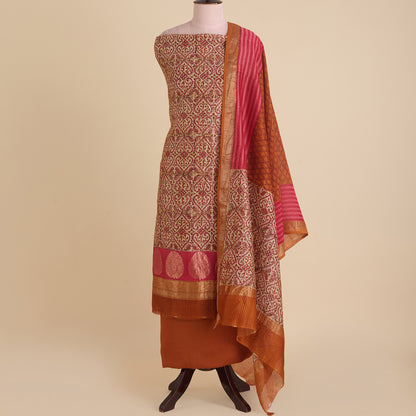 Pink Maheshwari Printed Kurta with Woven Border & Dupatta