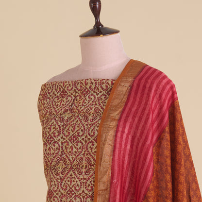 Pink Maheshwari Printed Kurta with Woven Border & Dupatta
