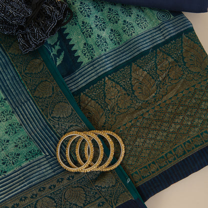 Peacock Green Maheshwari Printed Kurta with Woven Border & Dupatta