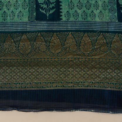 Peacock Green Maheshwari Printed Kurta with Woven Border & Dupatta