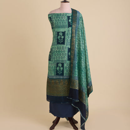 Peacock Green Maheshwari Printed Kurta with Woven Border & Dupatta