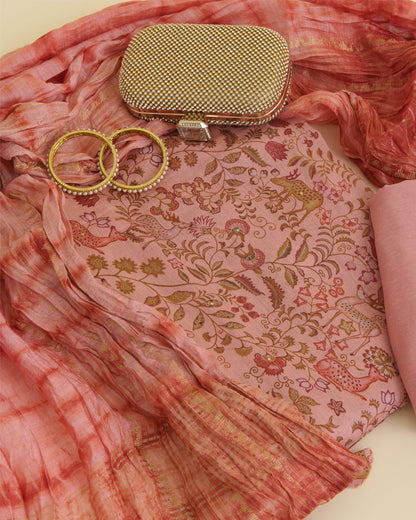 Munga Tussar Digital Printed Kurta Set with Dupatta & Silk Bottom Peach