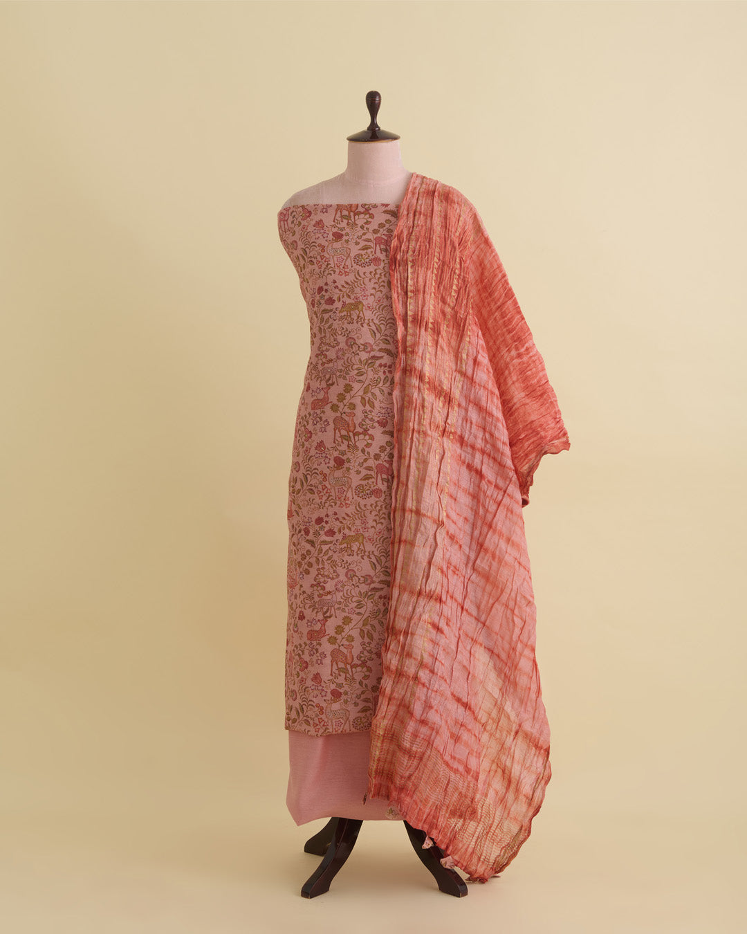 Munga Tussar Digital Printed Kurta Set with Dupatta & Silk Bottom Peach