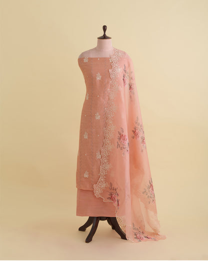 Peach Munga Tussar Silk Kurta Set with Resham Embroidery