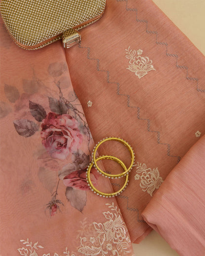 Peach Munga Tussar Silk Kurta Set with Resham Embroidery